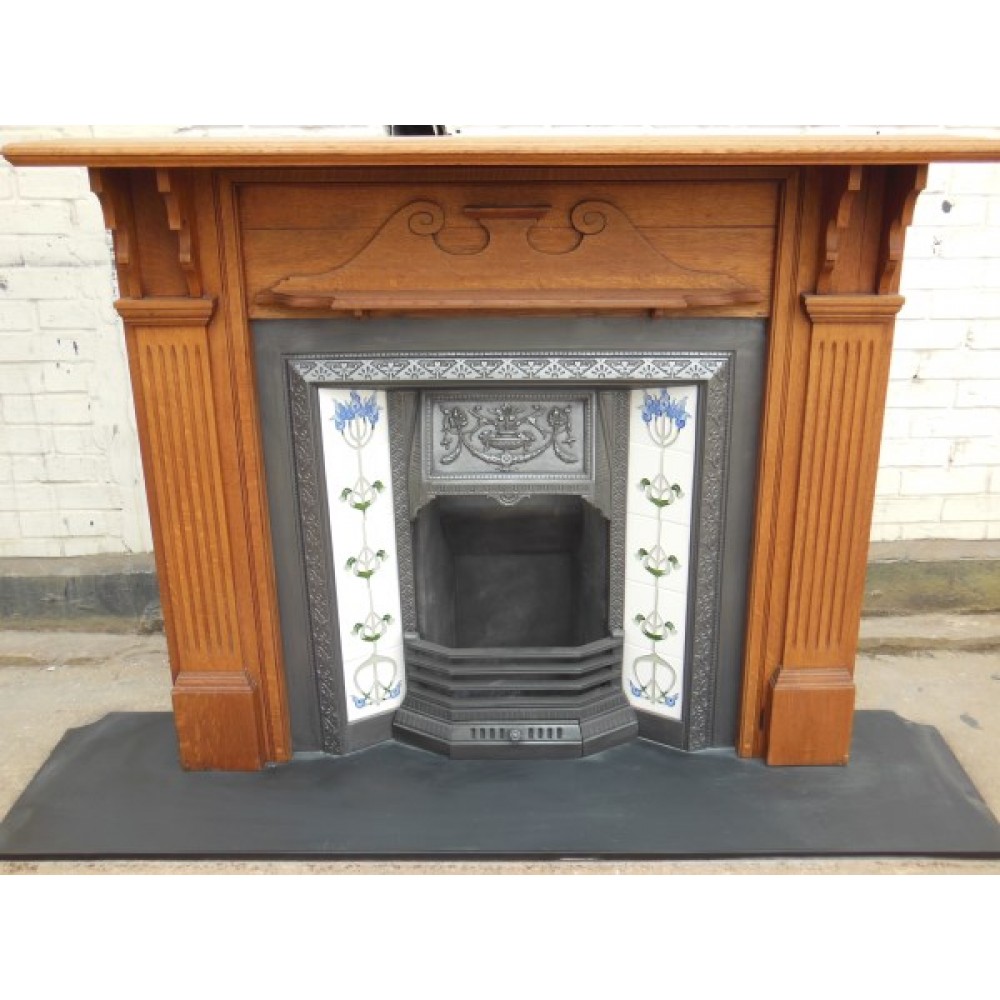 TS046 - Original Oak Victorian Fireplace Surround with Quality Antique Cast Iron Tiled Insert